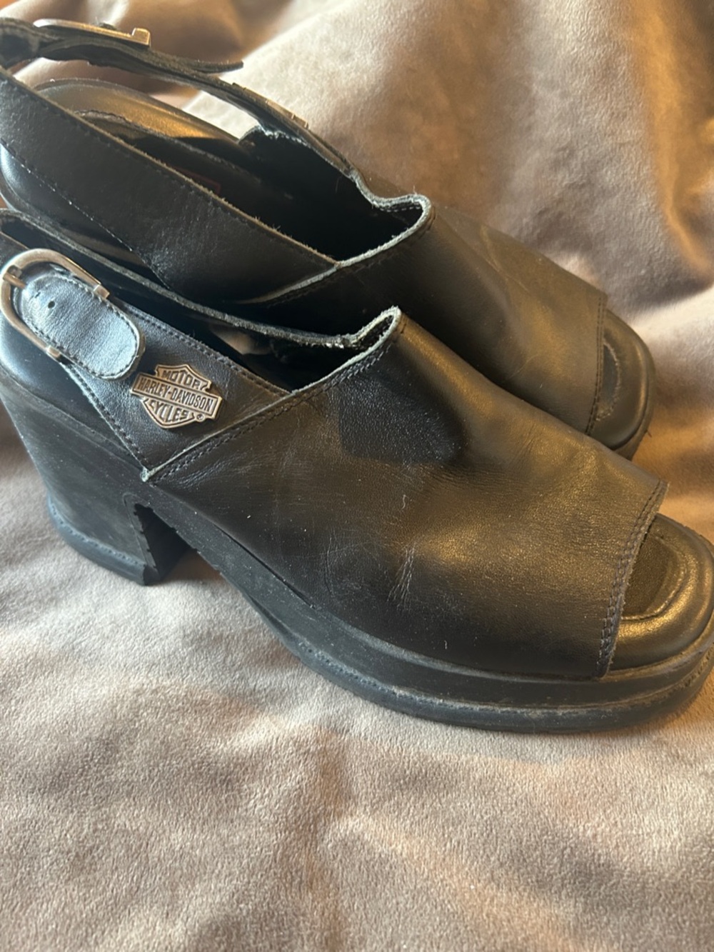 Harley-Davidson Black Leather Peep-Toe Slingback Platform Clogs